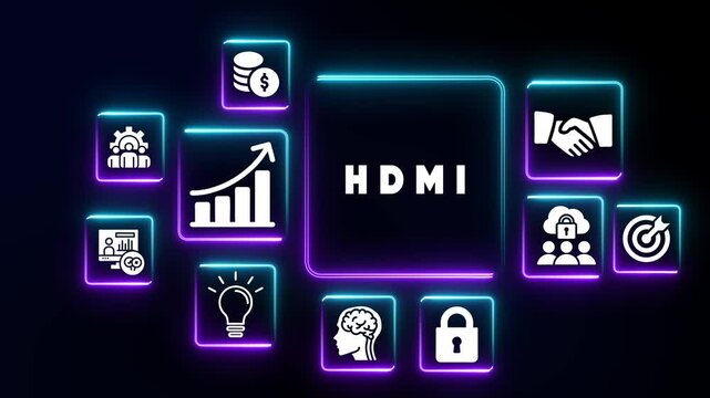 Neon glowing icons surrounding a central square with the word HDMI in white text on a dark background