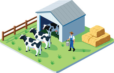 Isometric dairy farm illustration featuring cows near a barn, a farmer working outdoors, wooden fence, green grass field, and stacked hay bales. Modern flat vector design isolated on light background. © Nunkii