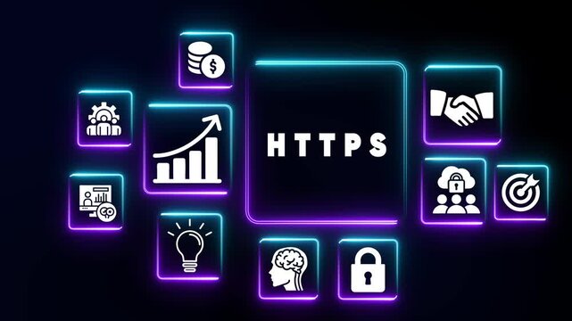 Secure internet communication concept with HTPS protocol and network security icons HTTPS