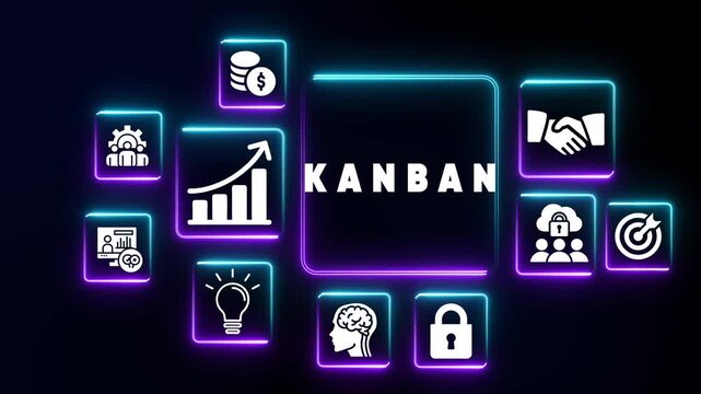 Kanban methodology concept with glowing neon icons on dark background showing business process management and workflow optimization Keywords: Kanban, workflow, process, management, business