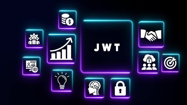 JWTJSON Web Token concept with glowing neon icons on dark background JSON Web Token authentication