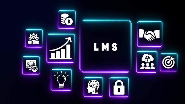 Learning Management System concept with glowing neon icons on dark background education online learning