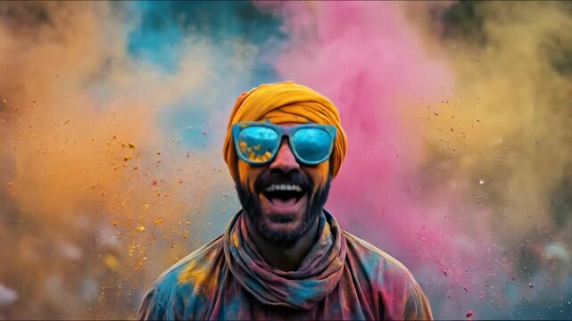 Celebration of Holi festival, joyful man laughing amidst vibrant colored powder explosion, joyous cultural expression, happiness and fun