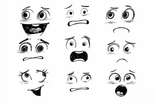 Dibujo de nueve expresiones faciales diferentes.