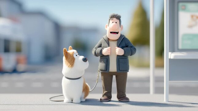 Un hombre y su corgi disfrutan de un paseo matutino en un barrio residencial.