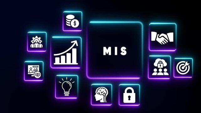 Neon business icons surround central MIS text on dark background Keywords: MIS, business, finance, technology, strategy, success, growth, data, analysis, management, security, teamwork