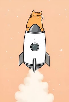 Un gato naranja asustado vuela en un cohete.