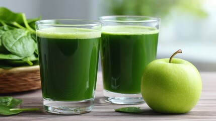 Fresh Green Smoothie with Spinach and Apple in Glasses on Wooden Table Surrounded by Healthy Ingredients for a Nutrient-Rich Lifestyle