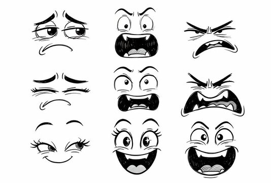 Dibujo de seis expresiones faciales caricaturescas en blanco y negro.