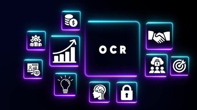 Neon light icons surrounding a central square displaying OCR text on a dark background Optical Character Recognition