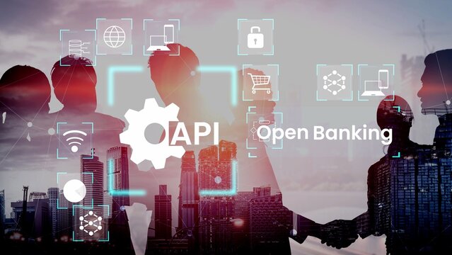 Innovative API Technology Concept for Open Banking with Silhouettes of Business Partners Against a Modern Cityscape Background Gluon.