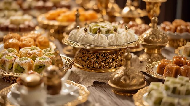 Assorted Turkish desserts and pastries served on ornate plates, traditional Turkey sweets and festive cuisine concept