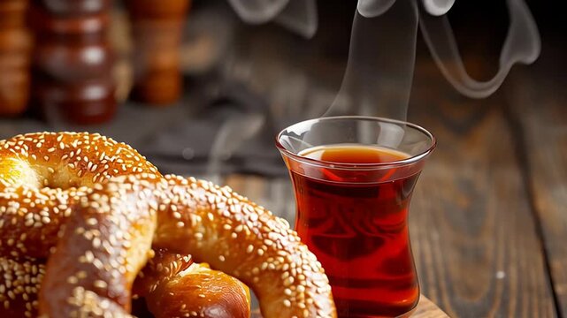 Traditional Turkish simit bread with sesame served with tea, authentic Turkey breakfast and street food concept