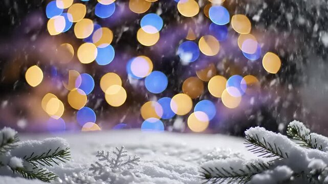 Close up of snow covered ground with festive blurred golden and purple lights in the