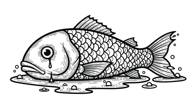 A detailed black-and-white illustration of a fish lying on the ground with tears. The fish's large eye and scales are prominent, conveying a sense of sadness.