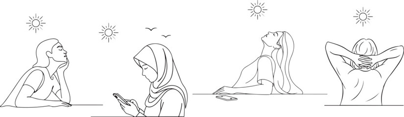 Diverse women enjoying sunshine and technology birds