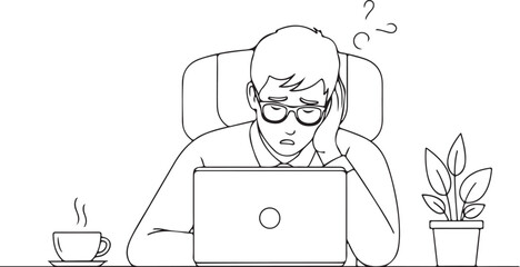 Man looking stressed at laptop with coffee and plant