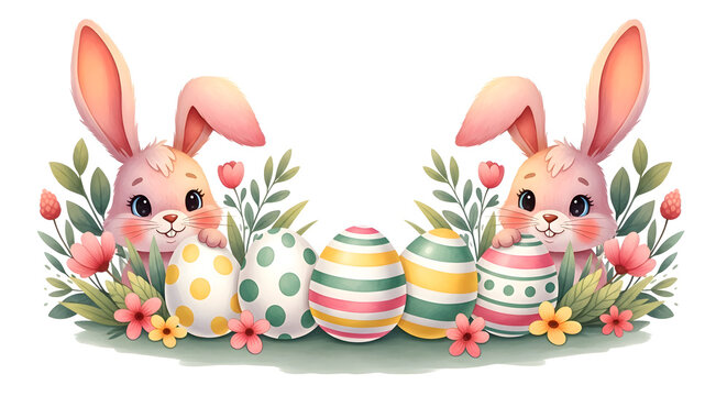 Happy easter Cute Watercolor Easter Bunnies with Decorated Eggs and Flowers on White Background stock