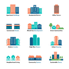 A collection of colorful city building icons