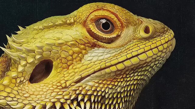 Exotic bearded dragon close-up unveils nature's artistry in textured scales and captivating reptilian gaze under muted lighting