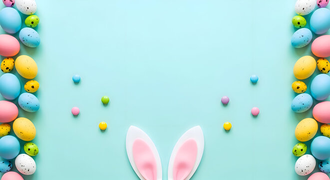 Happy easter day Easter eggs and bunny ears border on a light blue background with scattered candy pastel colors
