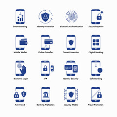 A collection of mobile phone icons related to finance and technology