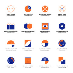 A collection of various colorful pie chart and graph icons