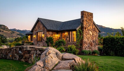 "Rustic stone house in golden hour sunlight, dark roof, chimney, lawn, stone path, countryside serenity."