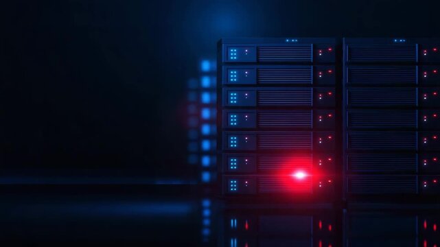 Server rack with glowing red status light in dark data center, close-up IT infrastructure scene, network security, cloud computing, hosting, storage and modern information technology concept