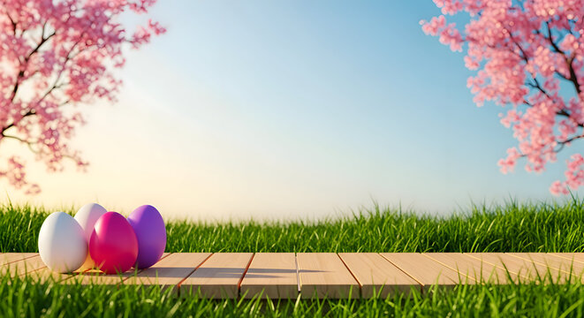 Happy easter eggs on wooden planks in a grassy field with cherry blossoms and blue sky Easter