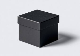 Naklejka premium A square, black box with a lid sits, casting a shadow, on a neutral, white surface