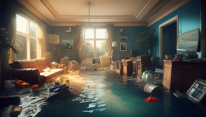 interior of home damaged by a flood water full of goods generative ai