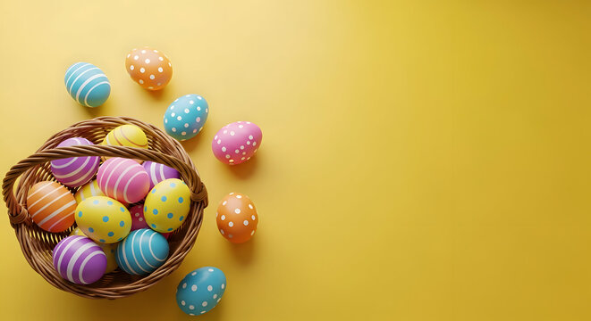 Happy easter Overflowing wicker basket of colorful patterned Easter eggs on yellow background easter