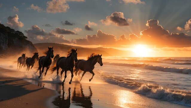 Wild horses galloping on beach at golden sunset with dramatic clouds and waves