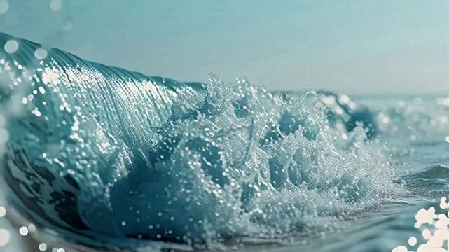 Close-up of a powerful ocean wave breaking with white foam and spray under a bright sky.
