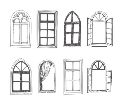 Black and white of eight different window architecture vintage