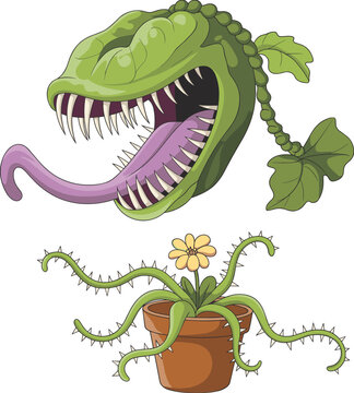 Carnivorous plant cartoon illustration, fantasy monster flower character, scary venus flytrap design, creepy botanical creature isolated