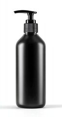 Fototapeta premium Sleek, matte black pump bottle against a white background, casting a subtle shadow
