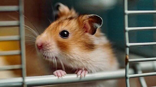 A cute fluffy brown and white hamster peeking out from its metal cage.