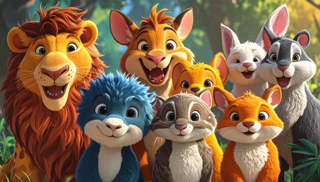 Charming Cartoon Animal Group Portrait - A Whimsical Gathering.