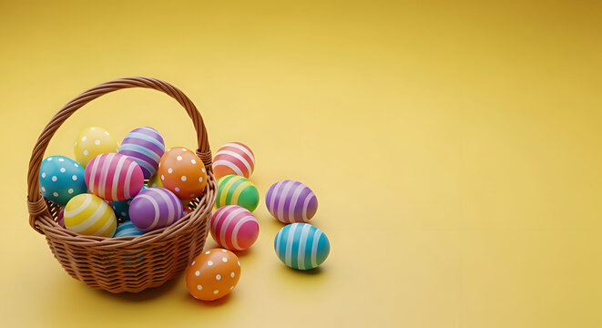 Happy easter Wicker basket overflowing with colorful patterned Easter eggs on a yellow background image photo