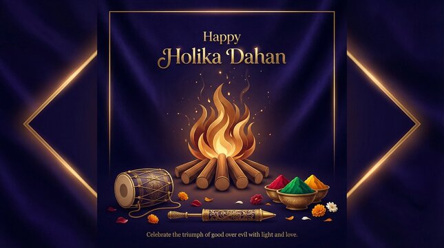Elegant Holika Dahan Greeting Design with Bonfire Illustration