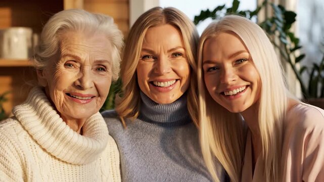 Happy multi-generational women smiling and embracing indoors