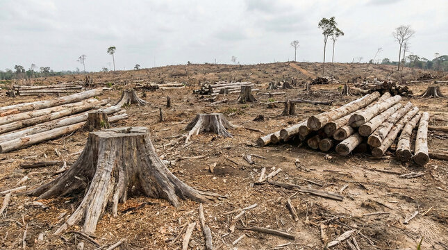 Deforested Landscape with Tree Stumps and Cut Logs