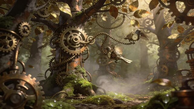 A forest of mechanical trees with interlocking gears and brass leaves, clockwork birds fluttering through warm patina metals and living moss, steam‑soft haze at ground level.