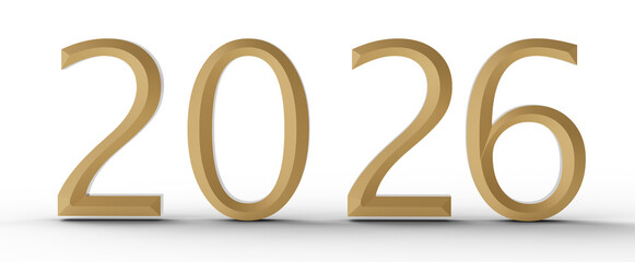 Golden 3D rendering of the year 2026 with a shadow on a white background. Perfect for new year greetings and financial p © vegefox.com