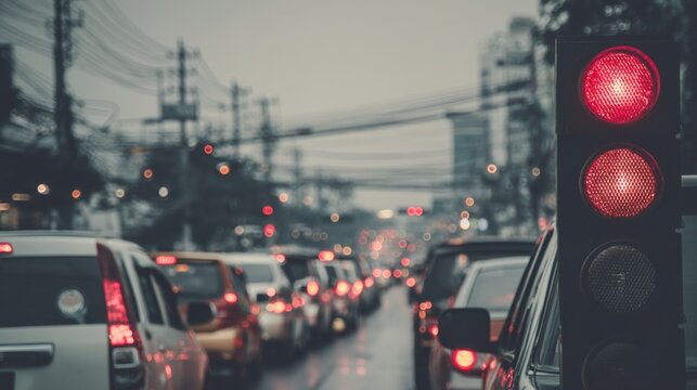 Evening Traffic Jam with Red Traffic Light and Urban Cityscape in Background, Capturing the Essence of Rush Hour Commute and City Life
