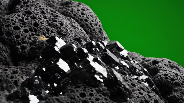 Close-up of a dark porous rock with shiny crystals on a green background.