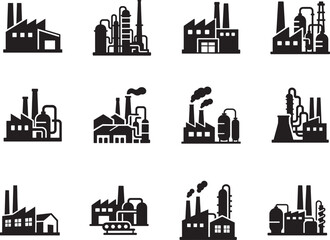 Obraz premium Industrial factory building icon set for manufacturing plants, chemical industry and logistics apps.