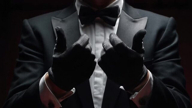 Mysterious figure in a dark suit with a black background and open jacket